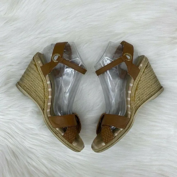 Sperry Women's Open Toe Espadrille Rope Wedge Sandals Size 8.5 Brown Tan Leather - Picture 1 of 8